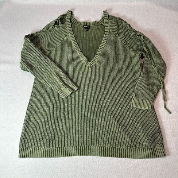 Torrid Sweater Womens 3 Green Knit Lace Up‎ Sleeve V Neck Cotton Plus Size - Picture 1 of 10